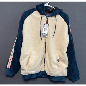 Raw Yarn Industries Sherpa Hoodie Jacket Blue Cream Fleece Zip Up Sz S NWT